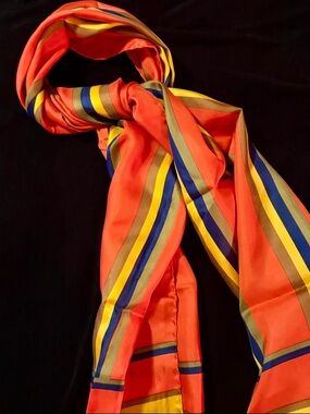 New Silk Echo Orange Striped Scarf with Blue and Yellow Accents